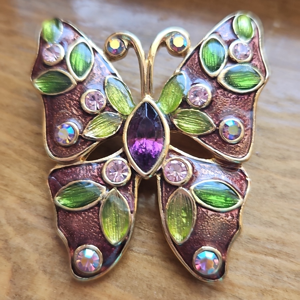 Vintage Liz Claibore Brooch Enameled, Rhinestones, Auroa Borealis, Gold Tone